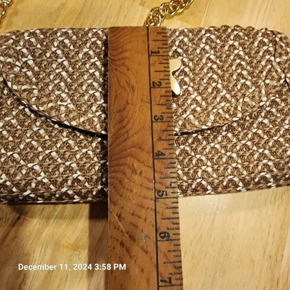 Unbranded Womens Woven Paper Straw Clutch Gold Chain Removable Strap w/Star Logo - Picture 8 of 8